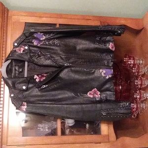 Black Faux Leather Studed w/ Embroidered Embellished Moto Jacket XL HSN
